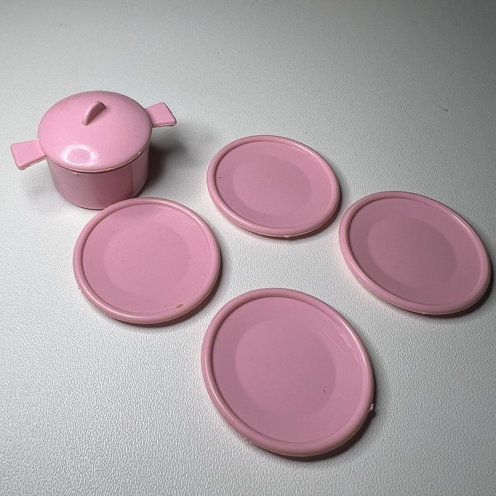 11 Inch Doll Vintage Pink Plastic Toy Dishes Pot Plates